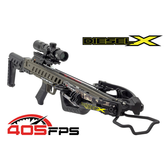 An advanced crossbow setup featuring the Killer Instinct Plus Diesel-X model, showcasing its sleek design, high-performance features, and elite package accessories, set against a dynamic outdoor backdrop.
