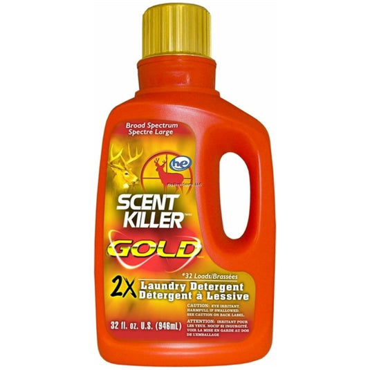 Wildlife Research Center logo alongside a bottle of Scent Killer Gold laundry detergent, emphasizing wildlife conservation and odor elimination for outdoor enthusiasts.