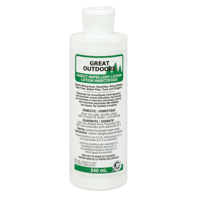 Great Outdoors insect repellent lotion, 240 ml bottle, designed for effective protection against insects while enjoying outdoor activities.