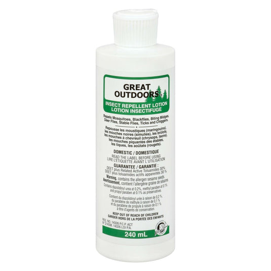 Great Outdoors insect repellent lotion, 240 ml bottle, designed for effective protection against insects while enjoying outdoor activities.