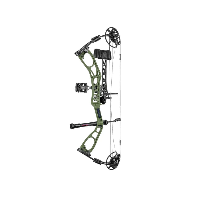 Elite Archery Plus Ember Package bow, adjustable draw weight 10-60 lbs, draw length 15-29 inches, in OD green color.