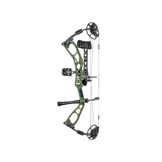 Elite Archery Plus Ember Package bow, adjustable draw weight 10-60 lbs, draw length 15-29 inches, in OD green color.