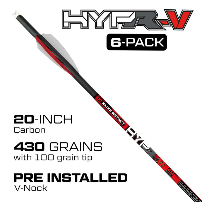 Six-pack of Killer Instinct Plus Hypr-V arrows, showcasing a sleek design and vibrant colors, ideal for archery enthusiasts.