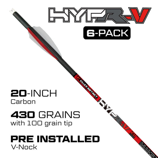Six-pack of Killer Instinct Plus Hypr-V arrows, showcasing a sleek design and vibrant colors, ideal for archery enthusiasts.