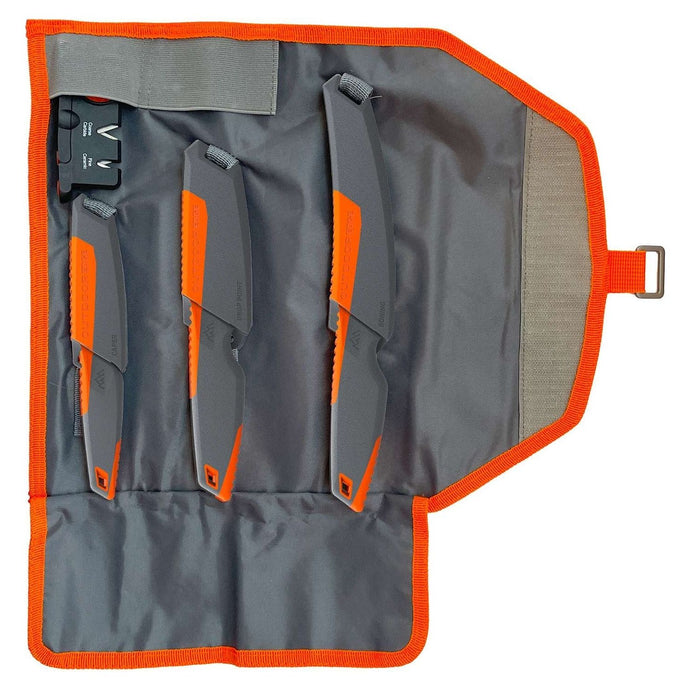 Outdoor Edge VANTEX knife kit featuring three knives, a sharpening tool, and a durable carrying case.