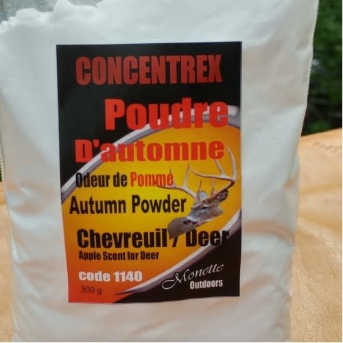 Plus Chevreuil Poudre d'automne with apple scent, 1140g, 300g packaging showcasing autumn-themed design.