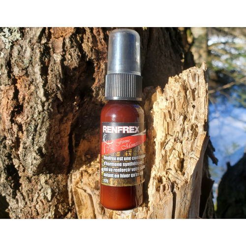 30ml bottle of Ferme Monette plus RENFREX for moose, featuring a vibrant label and designed for wildlife enthusiasts.