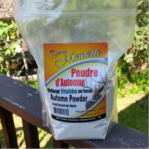 Plus Chevreuil 1534 Poudre d'automne, a 2 kg package of fruity-scented autumn powder, featuring vibrant autumn colors and a rich, inviting texture.