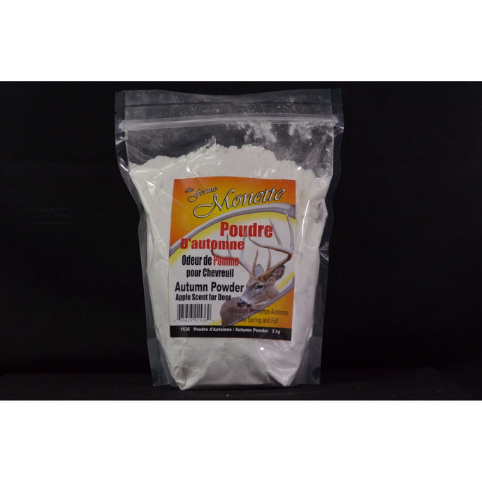 Ferme Monette Autumn Powder Apple Scent for Deer 1536 - a natural deer attractant featuring a vibrant autumn-themed packaging with images of apples and fall foliage, designed to enhance hunting experiences.