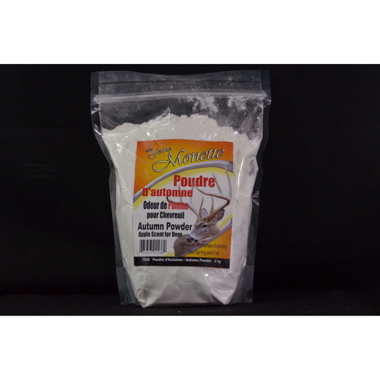 Ferme Monette Autumn Powder Apple Scent for Deer 1536 - a natural deer attractant featuring a vibrant autumn-themed packaging with images of apples and fall foliage, designed to enhance hunting experiences.