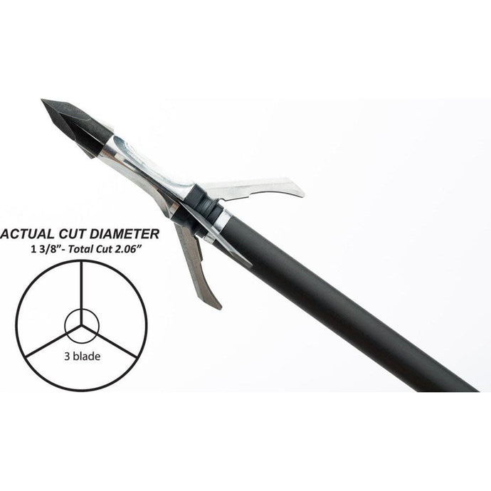 Grim Reaper broadhead paired with a 100-grain Razortip hunting point, featuring a 1 3/8 inch cutting diameter, showcasing sharp blades and precision engineering for optimal hunting performance.