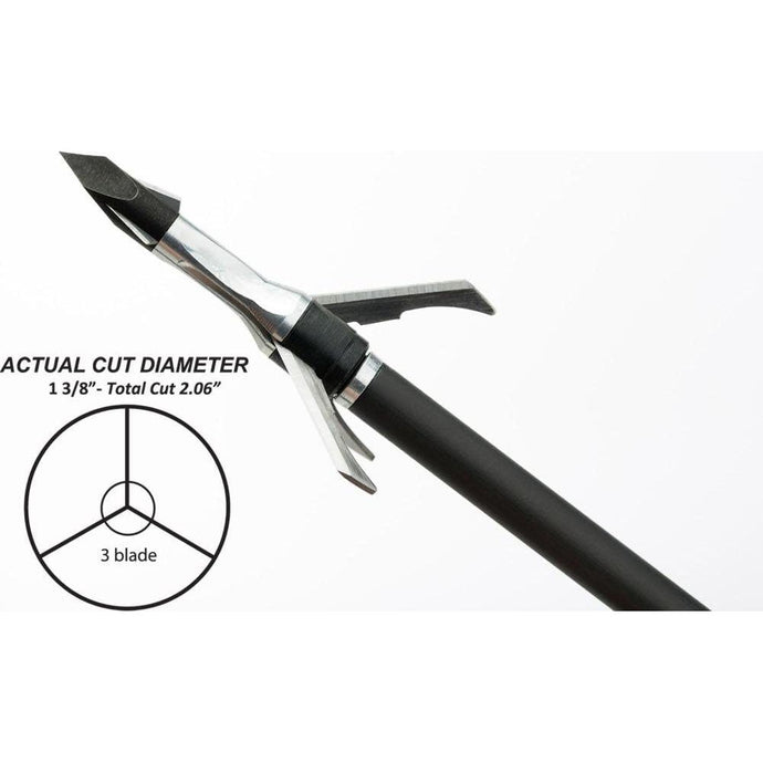 Grim Reaper broadhead paired with a 125-grain Razortip hunting arrowhead, featuring a 1 3/8 inch cutting diameter, showcasing its sharp blades and precision design for optimal hunting performance.