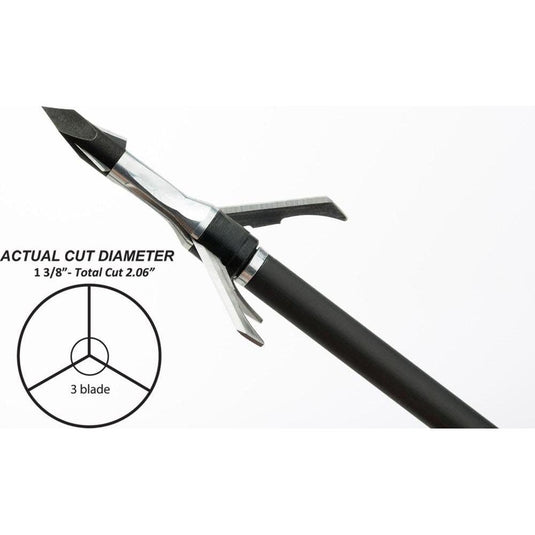 Grim Reaper broadhead paired with a 125-grain Razortip hunting arrowhead, featuring a 1 3/8 inch cutting diameter, showcasing its sharp blades and precision design for optimal hunting performance.