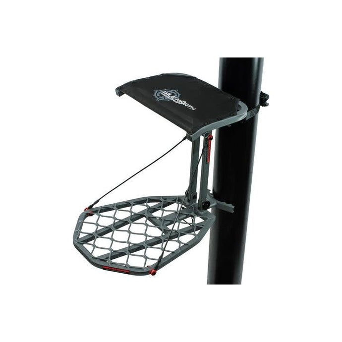 True North Treestands TNT S1100A Hang-On Aluminum Hybrid treestand featuring a lightweight aluminum design, adjustable platform, and comfortable seating for optimal hunting experience in a natural outdoor setting.