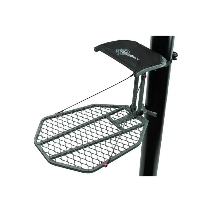 True North Treestands P1600S Lock-On Hang-On Tree Stand securely mounted on a tree, showcasing its sturdy design and comfortable seating for hunters in a natural outdoor setting.