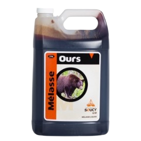5kg container of Mélasse liquide by Meunerie Soucy, showcasing its rich, dark syrupy texture, ideal for baking and cooking.