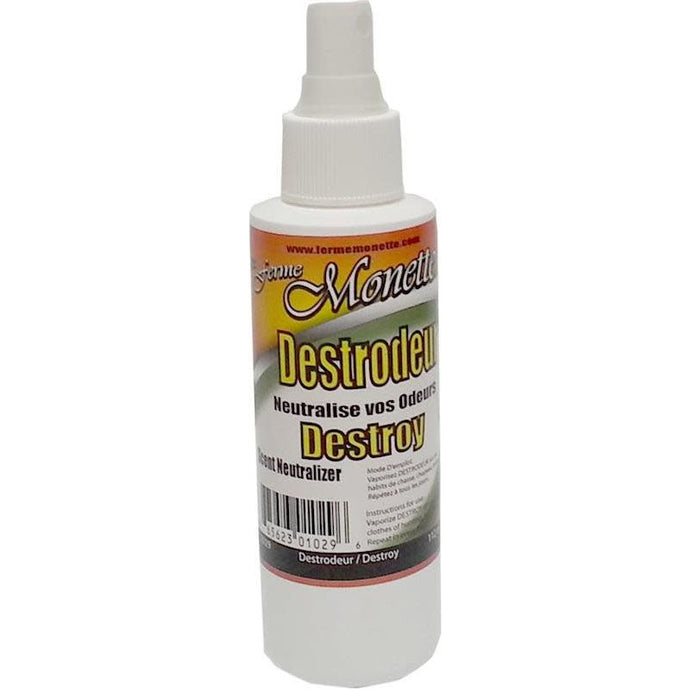 Ferme Monette products alongside Destrodeur odor neutralizer, showcasing a natural approach to eliminating unpleasant smells.