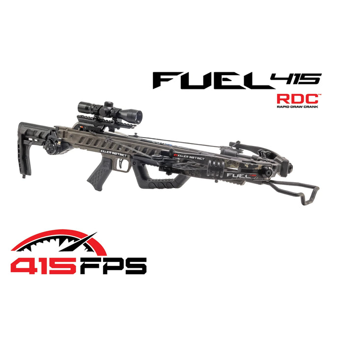 Killer Instinct Plus Fuel 415 RDC Crossbow Kit featuring a sleek design, adjustable stock, and high-performance features, ideal for hunting and target shooting.