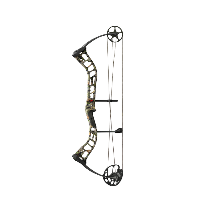 Image of a PSE Plus compound bow equipped with a Stinger ATK sight, featuring a right-handed grip, 70-pound draw weight, and adorned with a Mossy Oak Country camouflage pattern.