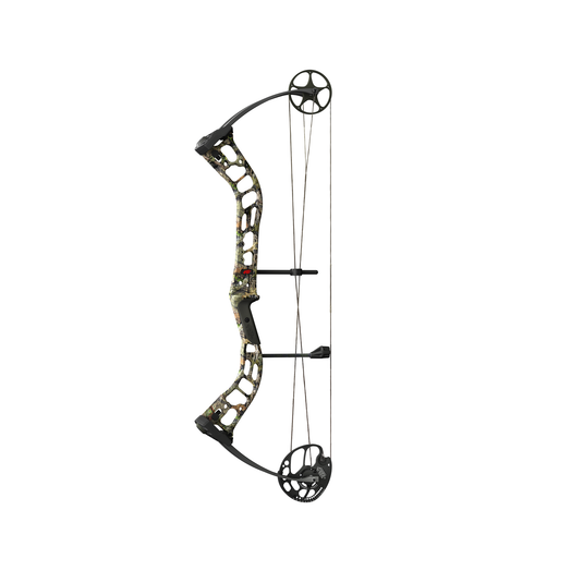 Image of a PSE Plus compound bow equipped with a Stinger ATK sight, featuring a right-handed grip, 70-pound draw weight, and adorned with a Mossy Oak Country camouflage pattern.