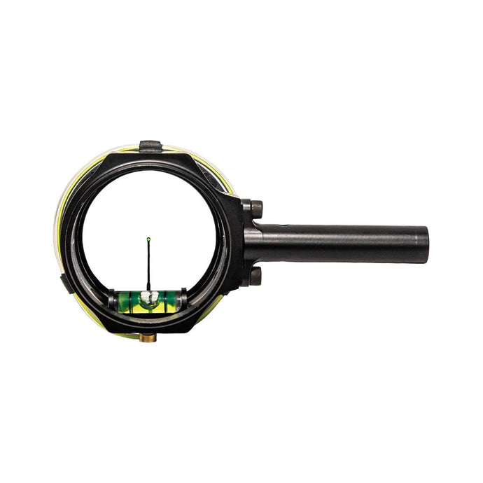 Close-up image of a CBE sight with VTX 41mm .019 pin, showcasing its precision engineering and adjustable features for archery enthusiasts.