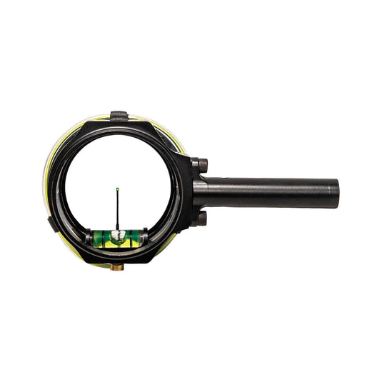 Close-up image of a CBE sight with VTX 41mm .019 pin, showcasing its precision engineering and adjustable features for archery enthusiasts.