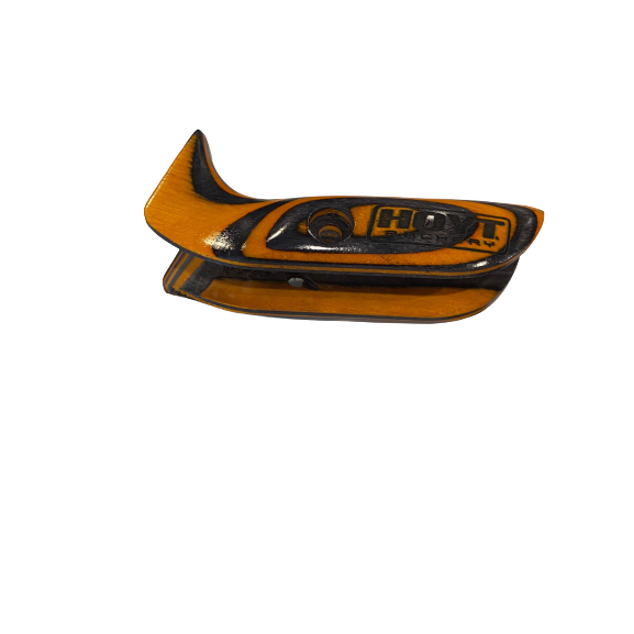 Hoyt Pro Fit Orange left-handed bow with wooden grip, showcasing its sleek design and vibrant color.