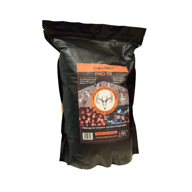JMS Distributions Plus Chestnut Pro TX for deer, showcasing a premium wildlife feed designed to attract and nourish deer in their natural habitat.