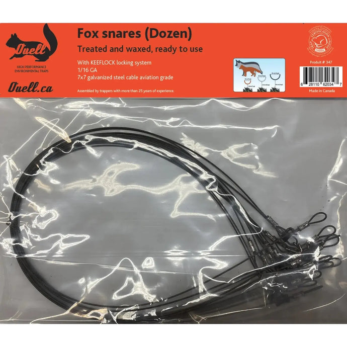 Image of a collection of Ouell Plus products, featuring a 1/16-inch diameter cable designed for use with fox and lynx traps, including a Keeflock locking mechanism for secure fastening.