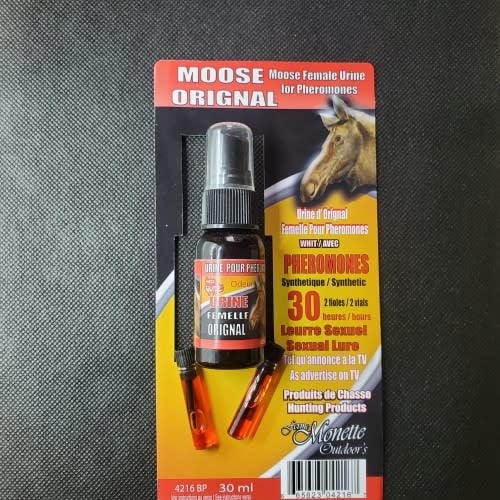 Two bottles of Ferme Monette pheromone blend and 30 ml of synthetic female moose urine, designed for effective wildlife attraction.