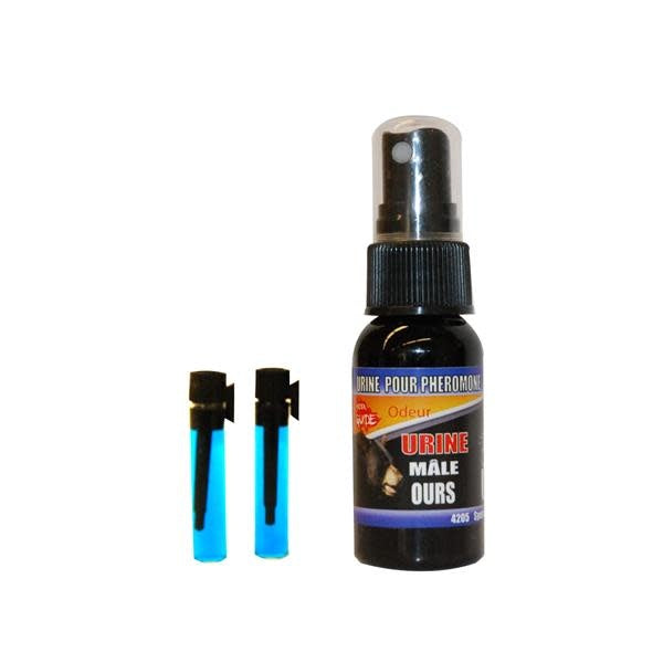 Ferme Monette product featuring ENSEMBLE 2 FIOLES PHÉROMONES and 30 ML of synthetic male bear urine, designed for attracting wildlife.