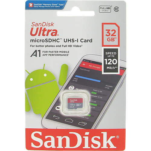 SanDisk Ultra 32GB microSD card with high-speed performance, ideal for storing photos, videos, and apps.