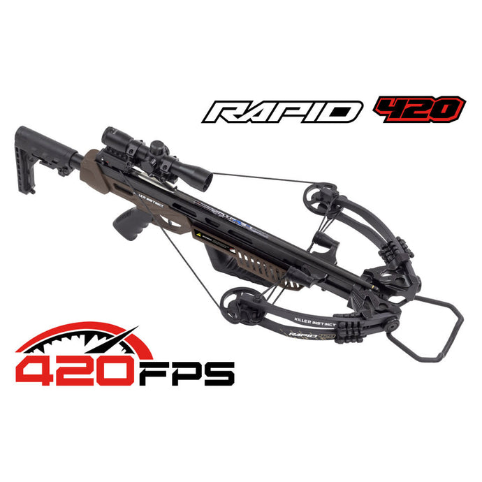 A dynamic image showcasing the Killer Instinct Plus crossbow, featuring the Arbalête Rapid 420 model, highlighting its sleek design, advanced features, and powerful performance in an outdoor setting.