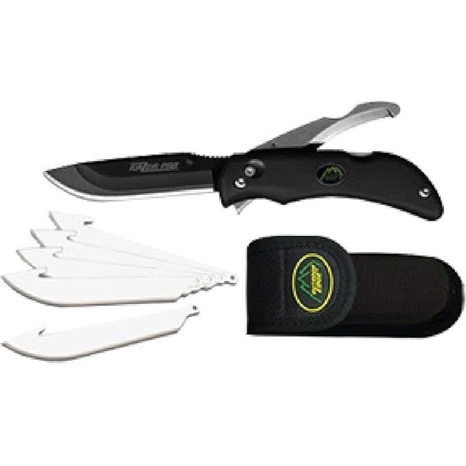 Outdoor Edge Razor-Pro folding knife with six replacement blades, featuring a sleek design and ergonomic handle, ideal for outdoor and hunting use.