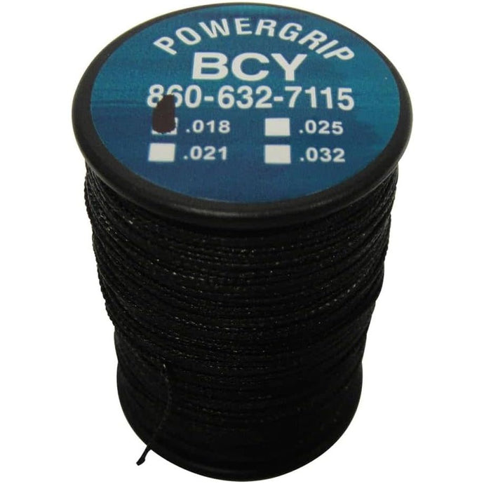 Close-up of BCY Plus Powergrip .018 serving material in black, showcasing its texture and durability, ideal for archery applications.