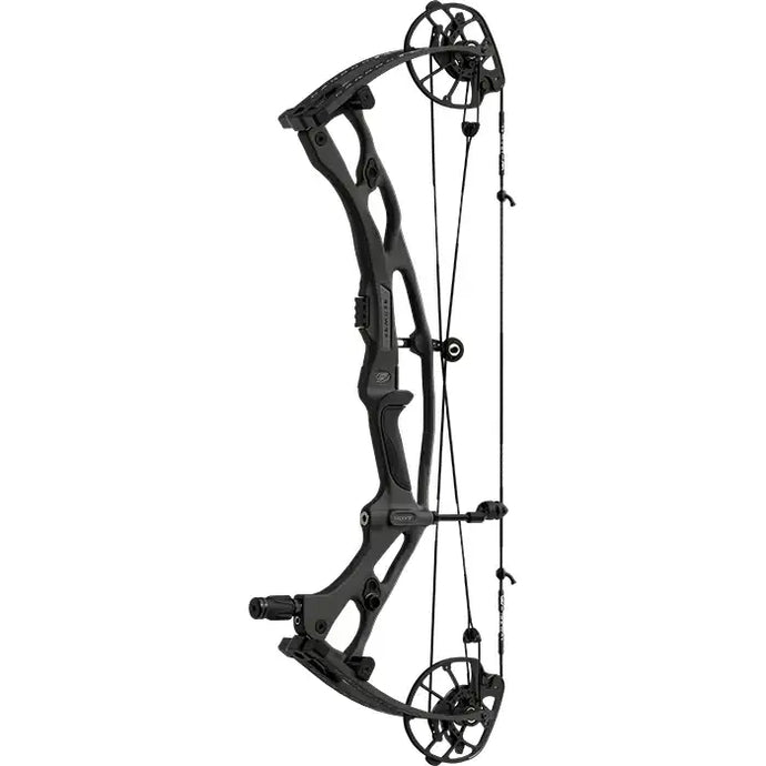 Hoyt Carbon RX-9 right-hand compound bow, 70-pound draw weight, featuring a sleek blackout finish, showcasing its advanced design and precision engineering.