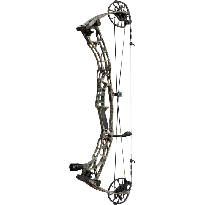 Hoyt Plus Alpha X 33 compound bow in camo design, showcasing its sleek profile and advanced features, ideal for archery enthusiasts.