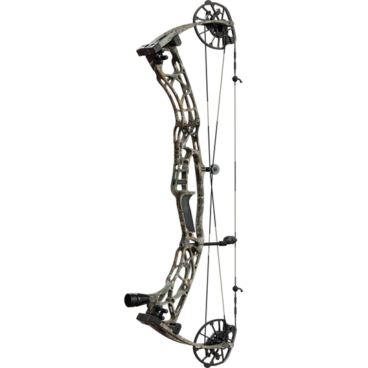 Hoyt Plus Alpha X 33 compound bow in camo design, showcasing its sleek profile and advanced features, ideal for archery enthusiasts.