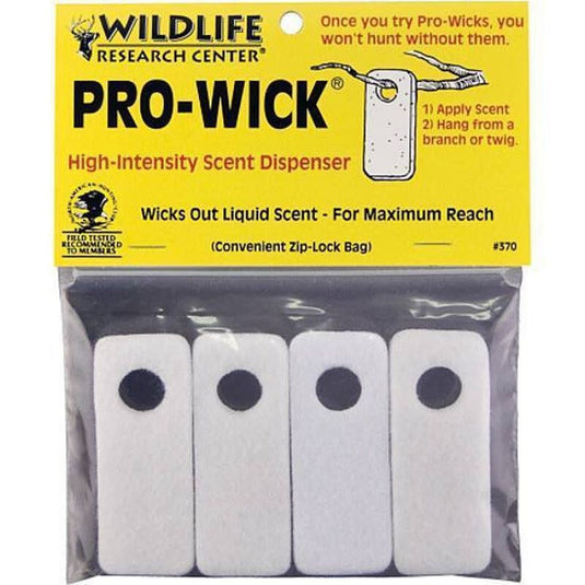 Wildlife Research Center logo alongside a 4-pack of Pro-Wick products, showcasing eco-friendly wildlife research tools.