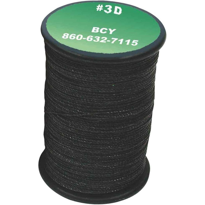 Close-up of a black BCY Plus 3D .016 end loop serving thread, showcasing its texture and quality, ideal for archery applications.