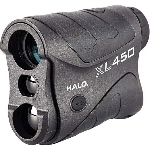 Close-up of the Halo Optics Plus Télémètre XL 450-7 rangefinder, showcasing its sleek design, digital display, and ergonomic grip, set against a blurred outdoor background.