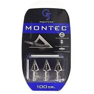 Three-pack of G5 Plus Montec 100 grain broadheads for hunting, featuring a sleek design and sharp blades.