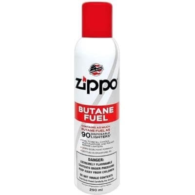 Zippo lighter with a can of 290ml butane fuel, showcasing a sleek design and vibrant branding, ideal for outdoor enthusiasts and smokers.
