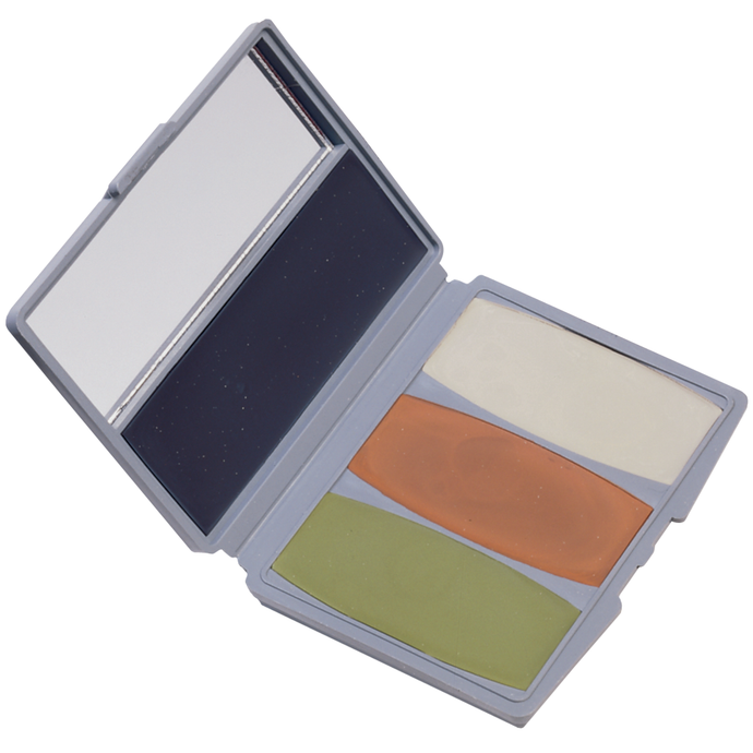Hunters Specialties Plus Camo Compac Color Camouflage Make-Up Kit featuring a variety of natural earth-tone shades for effective concealment in outdoor environments.