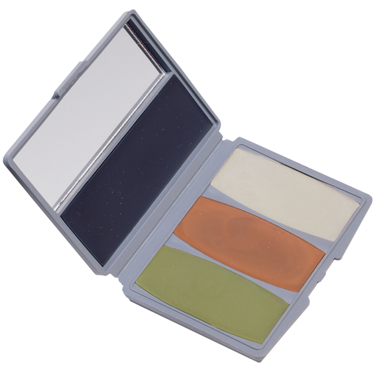 Hunters Specialties Plus Camo Compac Color Camouflage Make-Up Kit featuring a variety of natural earth-tone shades for effective concealment in outdoor environments.