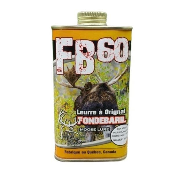 250 ml bottle of Ferme Monette FDB60 Fond de baril for moose, featuring a rustic design and clear labeling, ideal for outdoor enthusiasts and wildlife enthusiasts.