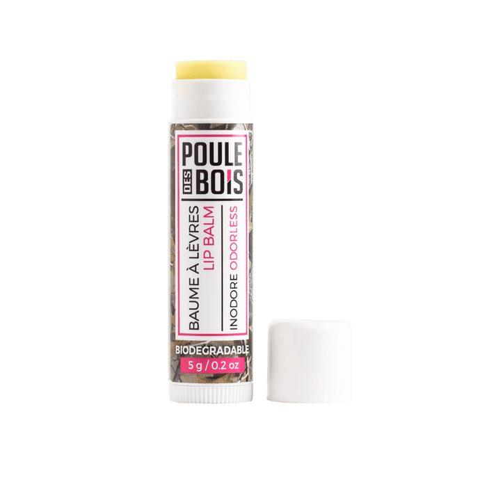 Poule des Bois skincare products: a jar of Poule des Bois cream and an unflavored lip balm, both showcasing natural ingredients and eco-friendly packaging.