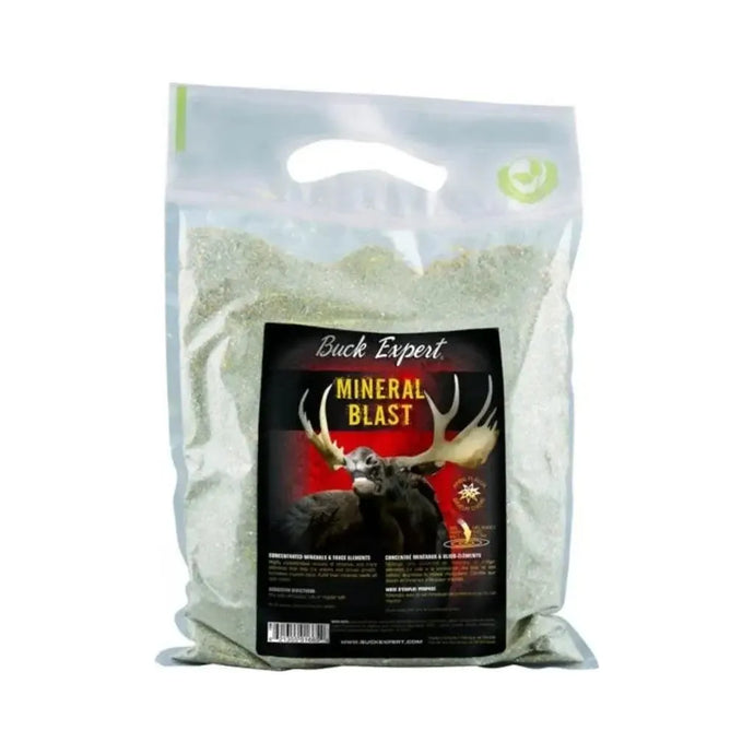 4 lbs container of Buck Expert Plus Mineral Blast Original, a premium mineral supplement for wildlife, featuring a vibrant label with detailed product information and a natural background.