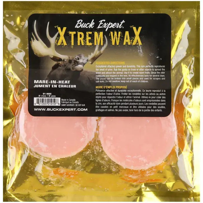 Image of Buck Expert Plus synthetic urine for moose, featuring X-Trem Wax, designed for use during a mare's heat cycle.