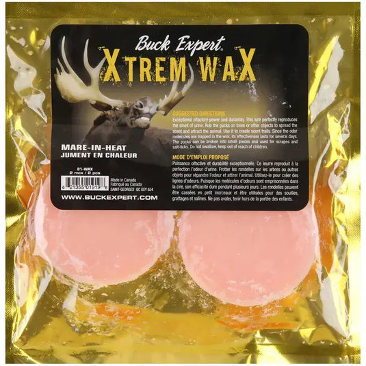 Image of Buck Expert Plus synthetic urine for moose, featuring X-Trem Wax, designed for use during a mare's heat cycle.